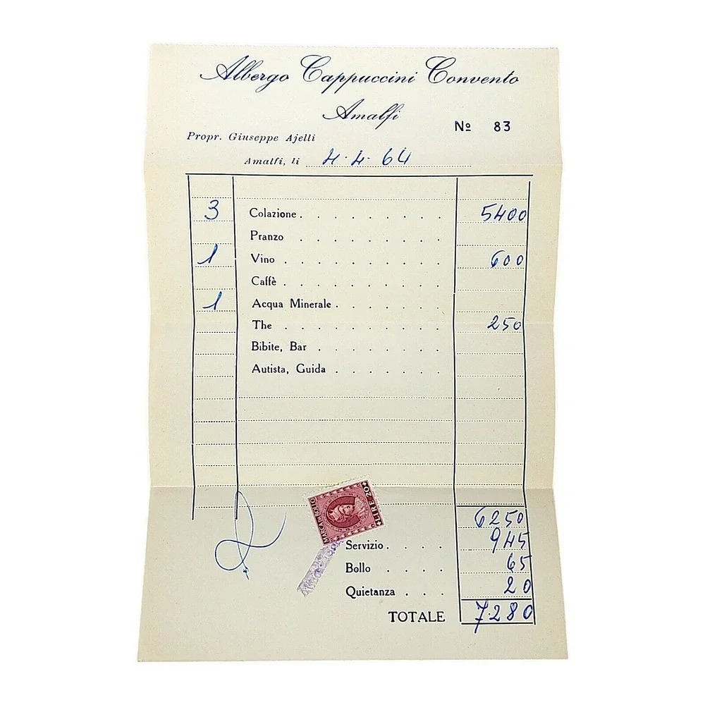 Vintage Albergo Cappuccini Convento Amalfi Hotel Menu Italy 1964